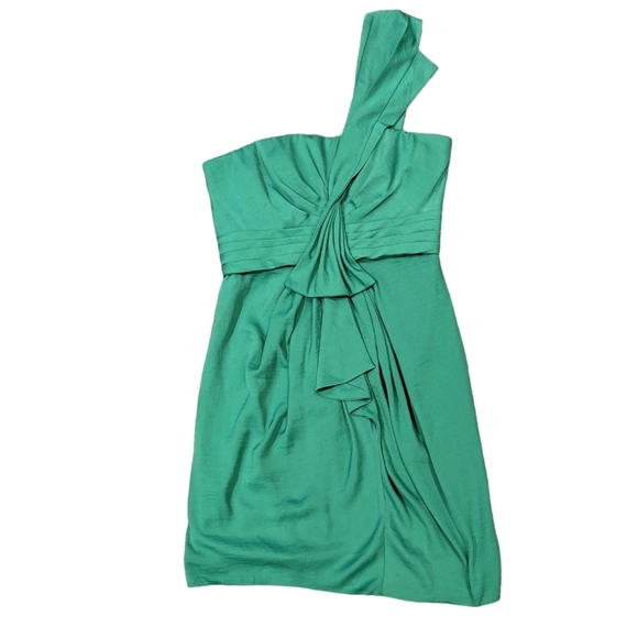 BCBG MaxAzria Emerald Green one shoulder Palais cocktail dress size 8 - Picture 2 of 7